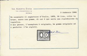 1874 - Regno dItalia - Segnatasse - 10 lire azzurro e bruno (Sass. 14).  - Asta Filatelia e Storia Postale - Associazione Nazionale - Case d'Asta italiane