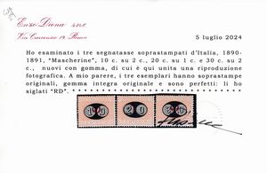 1890-91  Regno dItalia  Segnatasse  Segnatasse del 1870 soprastampati Mascherine serie completa (Sass. S.2302).  - Asta Filatelia e Storia Postale - Associazione Nazionale - Case d'Asta italiane