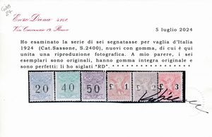1824  Regno dItalia - Segnatasse per vaglia  Soggetti allegorici. Cifre del valore in nero  Serie completa (Sass. S.2400).  - Asta Filatelia e Storia Postale - Associazione Nazionale - Case d'Asta italiane