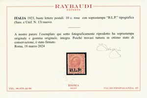 1922 � Regno d�Italia - Buste Lettere Postali � 10 cent. rosa, soprastampa �B.L.P.�, III tipo (Sass. 13).  - Asta Filatelia e Storia Postale - Associazione Nazionale - Case d'Asta italiane