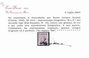 1922 � Regno d�Italia - Buste Lettere Postali � 50 cent. violetto, soprastampa �B.L.P.�, II tipo (Sass. 10).  - Asta Filatelia e Storia Postale - Associazione Nazionale - Case d'Asta italiane