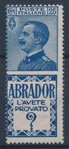 1924  Regno dItalia  Francobolli pubblicitari  25 cent. azzurro e azzurro chiaro ABRADOR (Sass. 4).  - Asta Filatelia e Storia Postale - Associazione Nazionale - Case d'Asta italiane