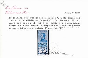 1924  Regno dItalia  Francobolli pubblicitari  25 cent. azzurro e azzurro chiaro ABRADOR (Sass. 4).  - Asta Filatelia e Storia Postale - Associazione Nazionale - Case d'Asta italiane