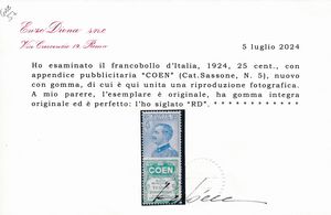 1924  Regno dItalia  Francobolli pubblicitari  25 cent. azzurro e verde COEN (Sass. 5).  - Asta Filatelia e Storia Postale - Associazione Nazionale - Case d'Asta italiane