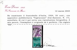 1924  Regno dItalia  Francobolli pubblicitari  50 cent. violetto e verde TAGLIACOZZO usato (Sass. 17).  - Asta Filatelia e Storia Postale - Associazione Nazionale - Case d'Asta italiane