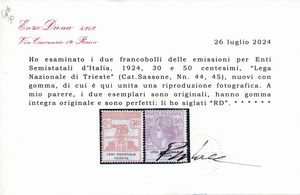 1924  Regno dItalia  Enti parastatali  LEGA NAZIONALE TRIESTE serie cpl. (Sass. S.2908).  - Asta Filatelia e Storia Postale - Associazione Nazionale - Case d'Asta italiane