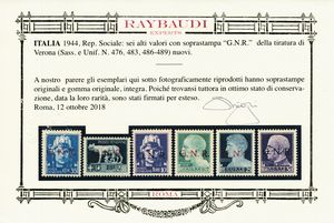 1944  Repubblica Sociale Italiana  Emissione della Guardia Nazionale Repubblicana con soprastampa G.N.R. di Verona serie cpl. di 20 valori (Sass. S.101b).  - Asta Filatelia e Storia Postale - Associazione Nazionale - Case d'Asta italiane