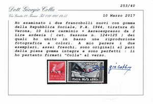 1944  Repubblica Sociale Italiana  Posta Aerea - Emissione della Guardia Nazionale Repubblicana con soprastampa G.N.R. di Verona serie cpl. di 9 valori compreso lAereoespresso (Sass. S.1521).  - Asta Filatelia e Storia Postale - Associazione Nazionale - Case d'Asta italiane