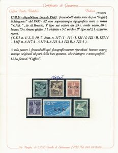 1944  Repubblica Sociale Italiana  Posta Aerea - Emissione della Guardia Nazionale Repubblicana con soprastampa G.N.R. di Brescia, I tipo sui valori da 25c. verde scuro, 50c. bruno, 75c. bruno giallo, 1l. violetto e 5l. verde, del II tipo sul 2l. azzurro (Sass. 117/I, 118/I, 119/I, 121/I, 122/II, 123/I).  - Asta Filatelia e Storia Postale - Associazione Nazionale - Case d'Asta italiane