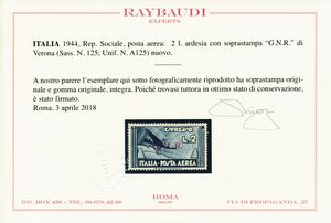 1944  Repubblica Sociale Italiana  Posta Aerea - Emissione della Guardia Nazionale Repubblicana con soprastampa G.N.R. di Verona  Espresso Aereo 2 lire ardesia (Sass. 125).  - Asta Filatelia e Storia Postale - Associazione Nazionale - Case d'Asta italiane