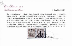 1944  Repubblica Sociale Italiana  Recapito Autorizzato  I due non emessi ed il valore emesso (Sass. 3A, 3B e 4).  - Asta Filatelia e Storia Postale - Associazione Nazionale - Case d'Asta italiane