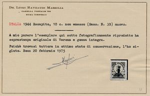 1944  Repubblica Sociale Italiana  Recapito Autorizzato  I due non emessi ed il valore emesso (Sass. 3A, 3B e 4).  - Asta Filatelia e Storia Postale - Associazione Nazionale - Case d'Asta italiane