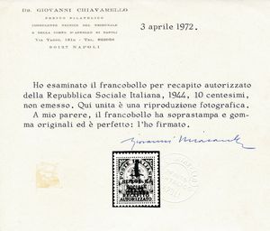 1944  Repubblica Sociale Italiana  Recapito Autorizzato  I due non emessi ed il valore emesso (Sass. 3A, 3B e 4).  - Asta Filatelia e Storia Postale - Associazione Nazionale - Case d'Asta italiane