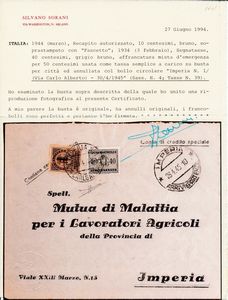 1944  Repubblica Sociale Italiana  Recapito autorizzato   Busta da Imperia a citt con 10 cent. bruno soprastampa fascetto e, Regno 1934, 40 cent. grigio bruno (Sass. 4 e 39) in affrancatura mista demergenza per 50c. come tassa semplice a carico annullo circolare IMPERIA n. 1 / (VIA CARLO ARBERTO) / 30.4.44.  - Asta Filatelia e Storia Postale - Associazione Nazionale - Case d'Asta italiane