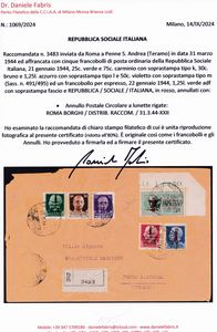 1944 - Repubblica Sociale Italiana  Raccomandata da Roma a Penna S. Andrea (Teramo) affrancata con la serie completa dei francobolli ordinari R.S.I. (Sass. S. 107), e con lespresso 1,25 lire soprastampa rossa.  - Asta Filatelia e Storia Postale - Associazione Nazionale - Case d'Asta italiane
