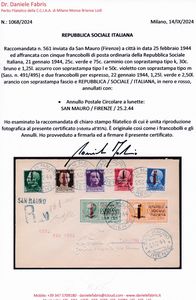 1944  Repubblica Sociale Italiana  Raccomandata da San Mauro (FI) a citt affrancata con la serie completa dei francobolli ordinari R.S.I., Tiratura di Firenze (Sass. S. 107) e con i due espressi, di cui il 2,50 tiratura Roma.  - Asta Filatelia e Storia Postale - Associazione Nazionale - Case d'Asta italiane