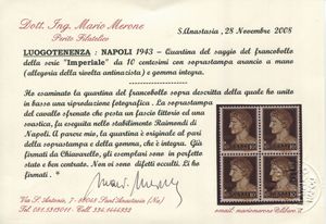 1943 - Luogotenenza - Napoli - Saggio serie Imperiale 10c. Soprastampa arancio a mano effettuata presso la Tipografia Raimondi di Napoli.  - Asta Filatelia e Storia Postale - Associazione Nazionale - Case d'Asta italiane