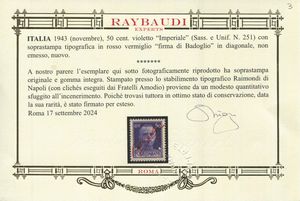 1943 - Luogotenenza - 50 cent. violetto Imperiale con soprastampa tipografica in rosso vermiglio firma di Badoglio in diagonale, non emesso, gomma integra.  - Asta Filatelia e Storia Postale - Associazione Nazionale - Case d'Asta italiane