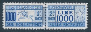 1955 - Repubblica italiana  Pacchi postali  1.000 lire azzurro oltremare Cavallino, filigrana ruota II CS, dent. L 13  (Sass. 81/I).  - Asta Filatelia e Storia Postale - Associazione Nazionale - Case d'Asta italiane