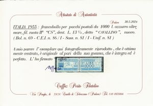 1955 - Repubblica italiana  Pacchi postali  1.000 lire azzurro oltremare Cavallino, filigrana ruota II CS, dent. L 13  (Sass. 81/I).  - Asta Filatelia e Storia Postale - Associazione Nazionale - Case d'Asta italiane