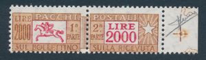 1977 - Repubblica Italiana - Pacchi postali - 2.000 lire bruno e rosso bdf, filigrana stelle IV tipo - Variet: stampa sul lato della gomma anzich sulla superficie non gommata (Sass. 103/III, variet)  - Asta Filatelia e Storia Postale - Associazione Nazionale - Case d'Asta italiane