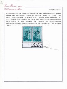1948 � Territorio libero di Trieste � Zona A � Posta aerea - 100 lire verde azzurro, coppia orizzontale bdf, soprastampata localmente �A.M.G. / F.T.T.� (Sass. 13).  - Asta Filatelia e Storia Postale - Associazione Nazionale - Case d'Asta italiane