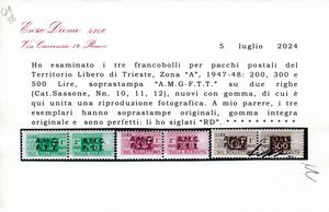 1947-48 - Territorio libero di Trieste  Zona A  Pacchi postali  Francobolli per pacchi postali soprastampati, i tre alti valori (Sass. 10, 11, 12).  - Asta Filatelia e Storia Postale - Associazione Nazionale - Case d'Asta italiane
