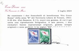 1951 - Territorio libero di Trieste � Zona B � �Pro Croce Rossa�, serie completa (Sass. S.11).  - Asta Filatelia e Storia Postale - Associazione Nazionale - Case d'Asta italiane