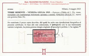 1919  Regno dItalia  Occupazioni I Guerra Mondiale  Terre Redente  Venezia Giulia  Espresso dItalia 25c. rosso variet soprastampa fortemente spostata a sinistra enezia Giulia V (Sass. 1b).  - Asta Filatelia e Storia Postale - Associazione Nazionale - Case d'Asta italiane