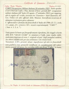 1923 - Occupazioni I guerra mondiale - Occupazione militare italiana - Corf - Busta da Corf a Pisa del 24 settembre affrancata con francobolli dItalia, 1906-23, 5c. verde, 15c. grigio, 20c. arancio e 60c. azzurro soprastampati CORFU (Sass. 1, 3, 4 e 7).  - Asta Filatelia e Storia Postale - Associazione Nazionale - Case d'Asta italiane
