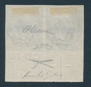1874 - Regno dItalia - Uffici Postali allestero - Levante - Emissioni generali  - Coppia orizzontale di prove del 5 centesimi verde grigio (Sass. P3, variet) su carta gommata e con filigrana corona, non dentellate, bordo di foglio - Il primo esemplare reca solo l'angolo inferiore sinistro modificato ed in forma pi estesa delle normali modifiche sui francobolli emessi. Il secondo esemplare non presenta alcun angolo modificato - Le soprastampe ESTERO sono doppie, una delle quali in albino. Sul secondo esemplare si nota soprastampa parziale.  - Asta Filatelia e Storia Postale - Associazione Nazionale - Case d'Asta italiane