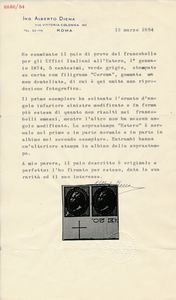 1874 - Regno dItalia - Uffici Postali allestero - Levante - Emissioni generali  - Coppia orizzontale di prove del 5 centesimi verde grigio (Sass. P3, variet) su carta gommata e con filigrana corona, non dentellate, bordo di foglio - Il primo esemplare reca solo l'angolo inferiore sinistro modificato ed in forma pi estesa delle normali modifiche sui francobolli emessi. Il secondo esemplare non presenta alcun angolo modificato - Le soprastampe ESTERO sono doppie, una delle quali in albino. Sul secondo esemplare si nota soprastampa parziale.  - Asta Filatelia e Storia Postale - Associazione Nazionale - Case d'Asta italiane