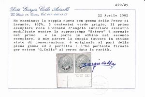 1874 - Regno dItalia - Uffici Postali allestero - Levante - Emissioni generali  - Coppia orizzontale di prove del 5 centesimi verde grigio (Sass. P3, variet) su carta gommata e con filigrana corona, non dentellate, bordo di foglio - Il primo esemplare reca solo l'angolo inferiore sinistro modificato ed in forma pi estesa delle normali modifiche sui francobolli emessi. Il secondo esemplare non presenta alcun angolo modificato - Le soprastampe ESTERO sono doppie, una delle quali in albino. Sul secondo esemplare si nota soprastampa parziale.  - Asta Filatelia e Storia Postale - Associazione Nazionale - Case d'Asta italiane