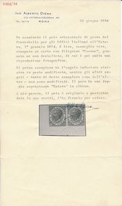1874 - Regno dItalia - Uffici Postali allestero - Levante - Emissioni generali - Coppia orizzontale di prove del 2 lire vermiglio vivo su carta gommata e con filigrana corona, non dentellate, angolo di foglio e punto di registro in basso (Sass. P9, variet) - Il primo esemplare reca l'angolo inferiore sinistro modificato in parte mentre gli altri angoli, come tutti quelli del secondo esemplare, non appaiono modificati - Le soprastampe ESTERO sono entrambe in albino.  - Asta Filatelia e Storia Postale - Associazione Nazionale - Case d'Asta italiane