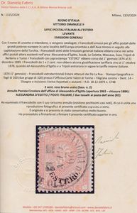 1874 - Regno d�Italia - Uffici Postali all�estero - Levante - Emissioni generali - Francobolli extraterritoriali Estero ottenuti dai De La Rue -  Stampa tipografica in fogli di 200 (due gruppi di 100) presso l�Officina Carte Valori di Torino � Filigrana corona � Dent. 14 � Disegno e incisione: Enrico Repettati e aiutanti � 2 cent. roso bruno usato (Sass. n. 2) - Annullo Postale Circolare dell�ufficio di Alessandria d�Egitto (apertura 1863 - chiusura 1884): ALESSANDRIA D�EGITTO / POSTE ITALIANE / due tasselli al posto dell�anno (R3).  - Asta Filatelia e Storia Postale - Associazione Nazionale - Case d'Asta italiane