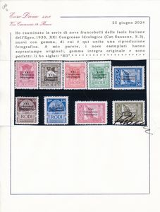 1930  Regno dItalia  Colonie e Possedimenti  Egeo  Emissioni generali - XXI Congresso idrobiologico soprastampati linearmente su tre righe XXI / Congresso / Idrobiologico serie cpl. (Sass. S.3).  - Asta Filatelia e Storia Postale - Associazione Nazionale - Case d'Asta italiane