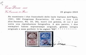 1931  Regno dItalia  Colonie e Possedimenti  Egeo  Emissioni generali  Congresso Eucaristico italiano serie cpl. (Sass. S.6).  - Asta Filatelia e Storia Postale - Associazione Nazionale - Case d'Asta italiane