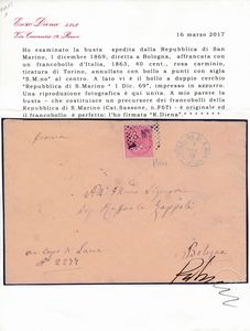 1869  Repubblica di S. Marino  Precursori - Lettera da S. Marino a Bologna del 1 dicembre affrancata con francobollo del Regno dItalia, 40 cent. rosso carminio, Tiratura di Torino (SASS. F6T) con annullo a piccoli S.M.no pi bollo a doppio cerchio in azzurro REPUBBLICA DI S. MARINO / 1 DIC. 69.  - Asta Filatelia e Storia Postale - Associazione Nazionale - Case d'Asta italiane