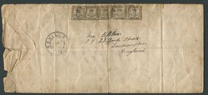 1901 - Spagna - Lettera da Siviglia a Southampton del 2 gennaio affrancata con ben 93 esemplari del framcobollo delle reggenza spagnola del 1873, 1/4 peseta verde giallo (Unif. 140)  - Asta Filatelia e Storia Postale - Associazione Nazionale - Case d'Asta italiane