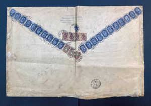 1909 - Russia - Due raccomandate su buste telate di grande formato da Mosca a Parigi con affrancature coreografiche utilizzate a modi chiudilettera con francobolli, 1909, Aquila con losanghe verticali.  - Asta Filatelia e Storia Postale - Associazione Nazionale - Case d'Asta italiane