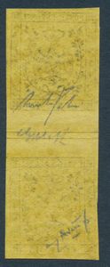 1852 - Modena - 15 cent. giallo cromo senza punto dopo le cifre, I tiratura, (Sass. 3b) coppia con interspazio di gruppo SENZA piega al centro.  - Asta Filatelia e Storia Postale - Associazione Nazionale - Case d'Asta italiane
