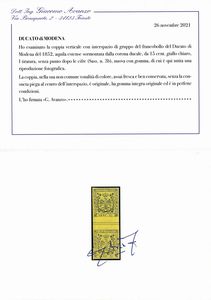 1852 - Modena - 15 cent. giallo cromo senza punto dopo le cifre, I tiratura, (Sass. 3b) coppia con interspazio di gruppo SENZA piega al centro.  - Asta Filatelia e Storia Postale - Associazione Nazionale - Case d'Asta italiane