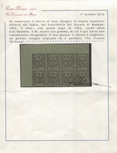 1855 - Ducato di Modena - Blocco di otto esemplari, margine di foglio superiore sinistro, del 5c. verde oliva con punto dopo le cifre (Sass. 8).  - Asta Filatelia e Storia Postale - Associazione Nazionale - Case d'Asta italiane