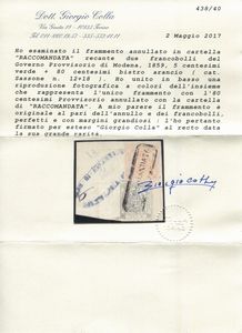 1859 - Ducato di Modena - Governo Provvisorio - 5c. verde e 80c. bistro arancio (Sass. 12 e 18) su frammento annullato in cartella RACCOMANDATA  - Asta Filatelia e Storia Postale - Associazione Nazionale - Case d'Asta italiane
