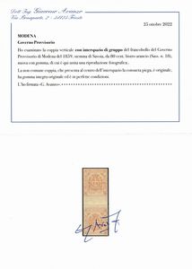 1859 - Modena - Governo provvisorio - 80 cent. bistro arancio (Sass. 18) con interspazio di gruppo e consueta piega.  - Asta Filatelia e Storia Postale - Associazione Nazionale - Case d'Asta italiane