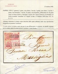 1858 - Regno delle due Sicilie, Napoli - 1gr. rosa chiaro I tavola (Sass. 3), 2gr. rosa chiaro I tavola (Sass. 5), 5gr. rosa brunastro I tavola (Sass. 8) e 50gr. rosa brunastro (Sass. 14) su lettera da Napoli a Marsiglia del 13 febbraio a mezzo Vapori francesi.  - Asta Filatelia e Storia Postale - Associazione Nazionale - Case d'Asta italiane