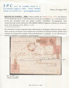 1859 - Regno delle due Sicilie, Napoli - due esemplari del 1gr. rosa chiaro I tavola (Sass. 3) e due esemplari del 2gr. rosa chiaro I tavola (sass. 5) su lettera da Napoli a Palermo del 5 maggio tramite i Piroscafi borbonici.  - Asta Filatelia e Storia Postale - Associazione Nazionale - Case d'Asta italiane