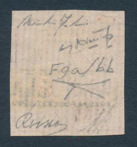 1860 - Napoli - Falsi per posta - Imitazione del francobollo del Regno di Napoli del 1858, stemma delle Due Sicilie in riquadro romboidale, da 20 grana carminio lillaceo, falso per servire II tipo, II stato, usato con parte di Annullo in cartella ANNULLATO. Variet: carta vergata orizzontalmente e verticalmente (Sass. F9bb).  - Asta Filatelia e Storia Postale - Associazione Nazionale - Case d'Asta italiane