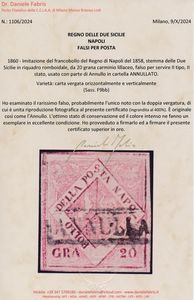 1860 - Napoli - Falsi per posta - Imitazione del francobollo del Regno di Napoli del 1858, stemma delle Due Sicilie in riquadro romboidale, da 20 grana carminio lillaceo, falso per servire II tipo, II stato, usato con parte di Annullo in cartella ANNULLATO. Variet: carta vergata orizzontalmente e verticalmente (Sass. F9bb).  - Asta Filatelia e Storia Postale - Associazione Nazionale - Case d'Asta italiane