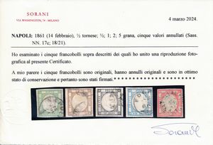 1861 - Napoli  Province napoletane   tornese verde scuro,  , 1, 2 e 5 grana annullati (Sass. 17c, 18/21).  - Asta Filatelia e Storia Postale - Associazione Nazionale - Case d'Asta italiane